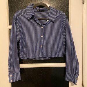 Zara Navy Striped Button-Up Blouse shirt